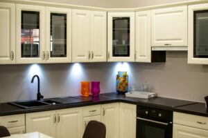 Frosted glass front kitchen cabinets from Houston glass company