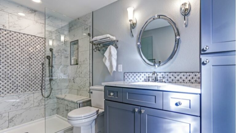 Custom round Houston residential mirrors for colorful modern bathroom